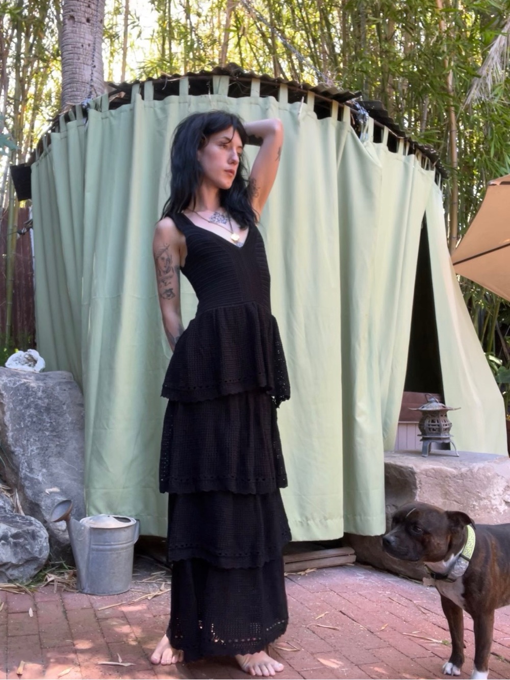 FARM Rio Black Tiered Crochet Knit Sweater Dress Midi Maxi